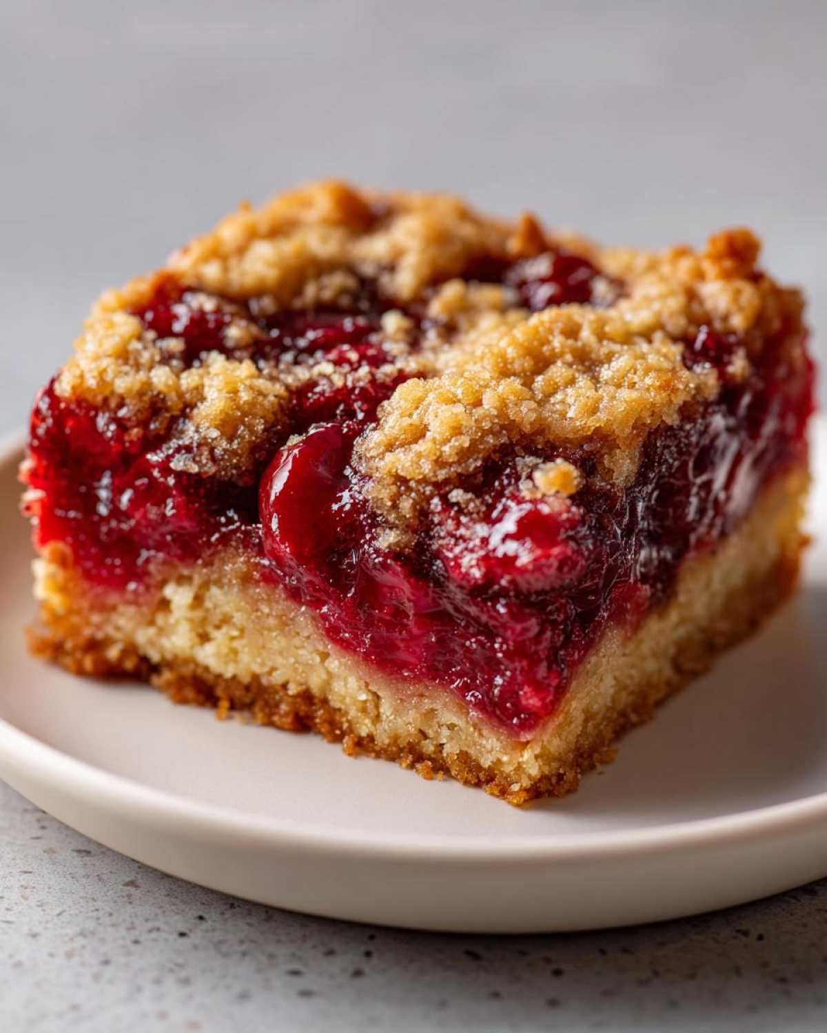Close-up of a square slice of rich, bright red cherry dump cake with a golden crumb topping.