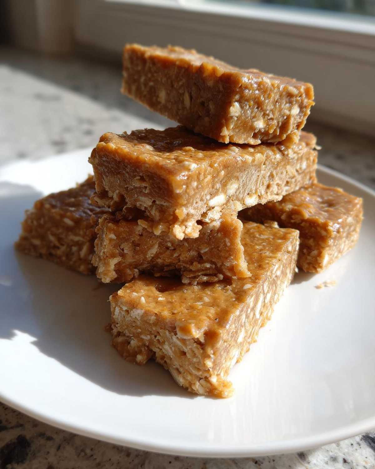 A stack of five homemade, chewy protein bars made with oats, sitting on a white plate in bright sunlight.