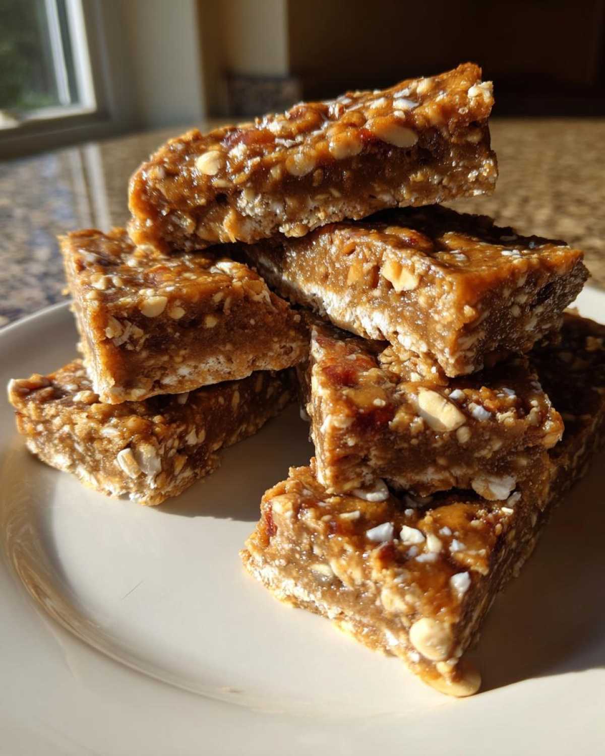 A stack of homemade, chewy protein bars made with oats and nuts, sitting on a white plate.
