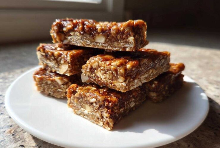 A stack of homemade, chewy, nut-filled protein bars glistening under natural light.