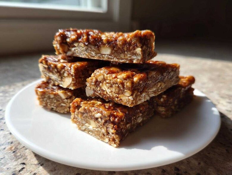 A stack of homemade, chewy, nut-filled protein bars glistening under natural light.