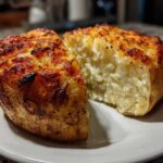 A fluffy air fryer baked potato, cut in half, showing a soft interior and crispy, cheesy top.