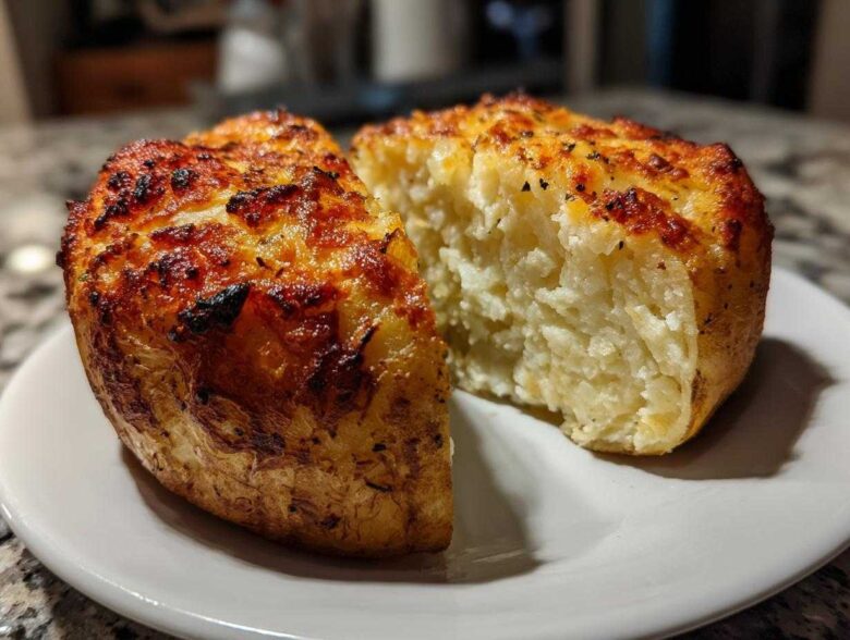 A fluffy air fryer baked potato, cut in half, showing a soft interior and crispy, cheesy top.