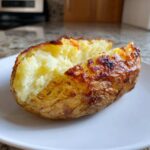 A perfectly cooked air fryer baked potato, split open to show fluffy interior and crispy, browned skin.