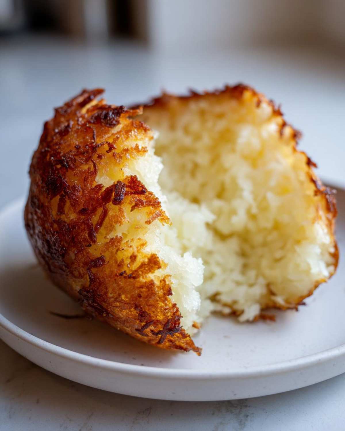 Close-up of a perfectly cooked air fryer baked potato with a crispy, golden-brown skin and fluffy white interior.