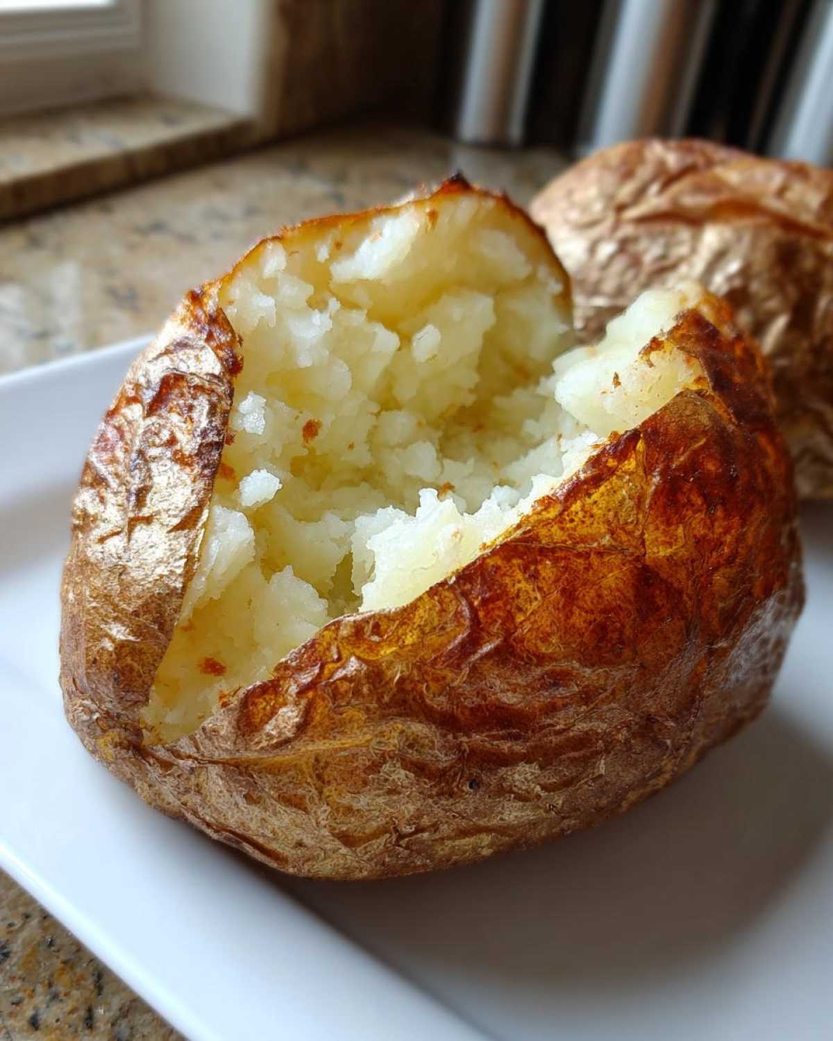 Close-up of a perfectly cooked air fryer baked potato, split open to show fluffy interior and crispy skin.