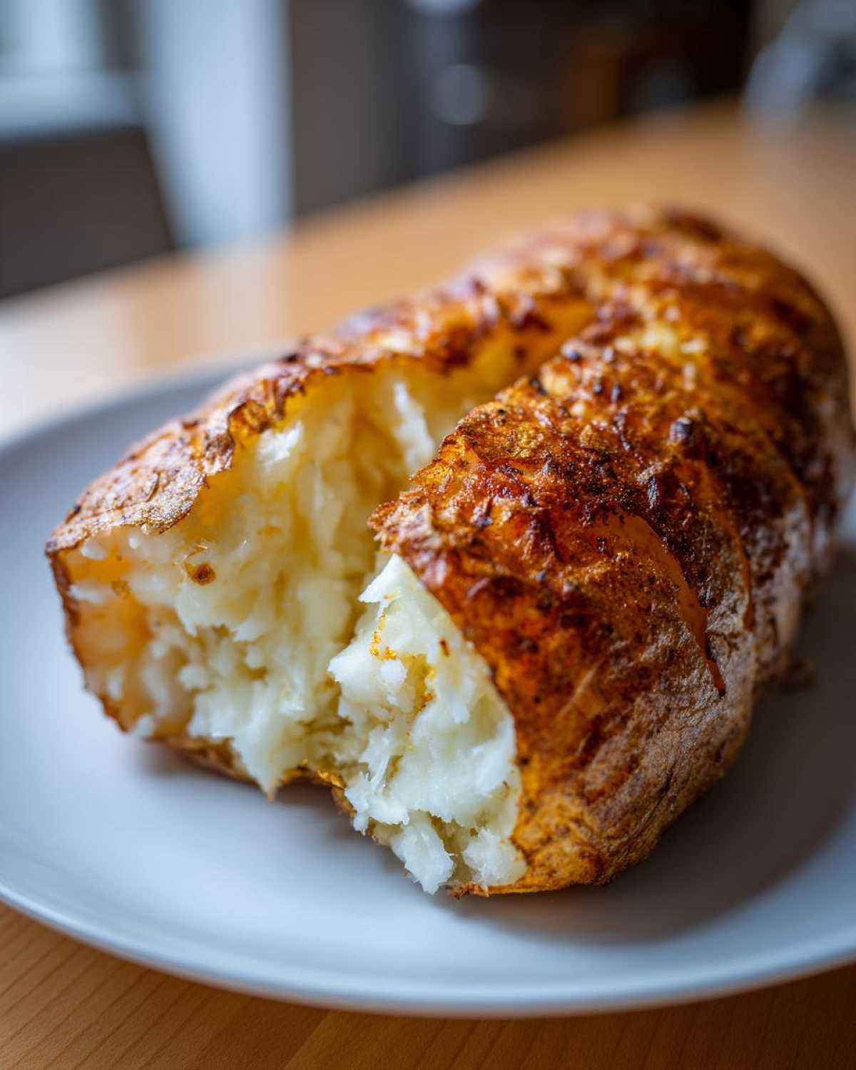 Close-up of a perfectly cooked air fryer baked potato, split open to show fluffy interior and crispy, seasoned skin.