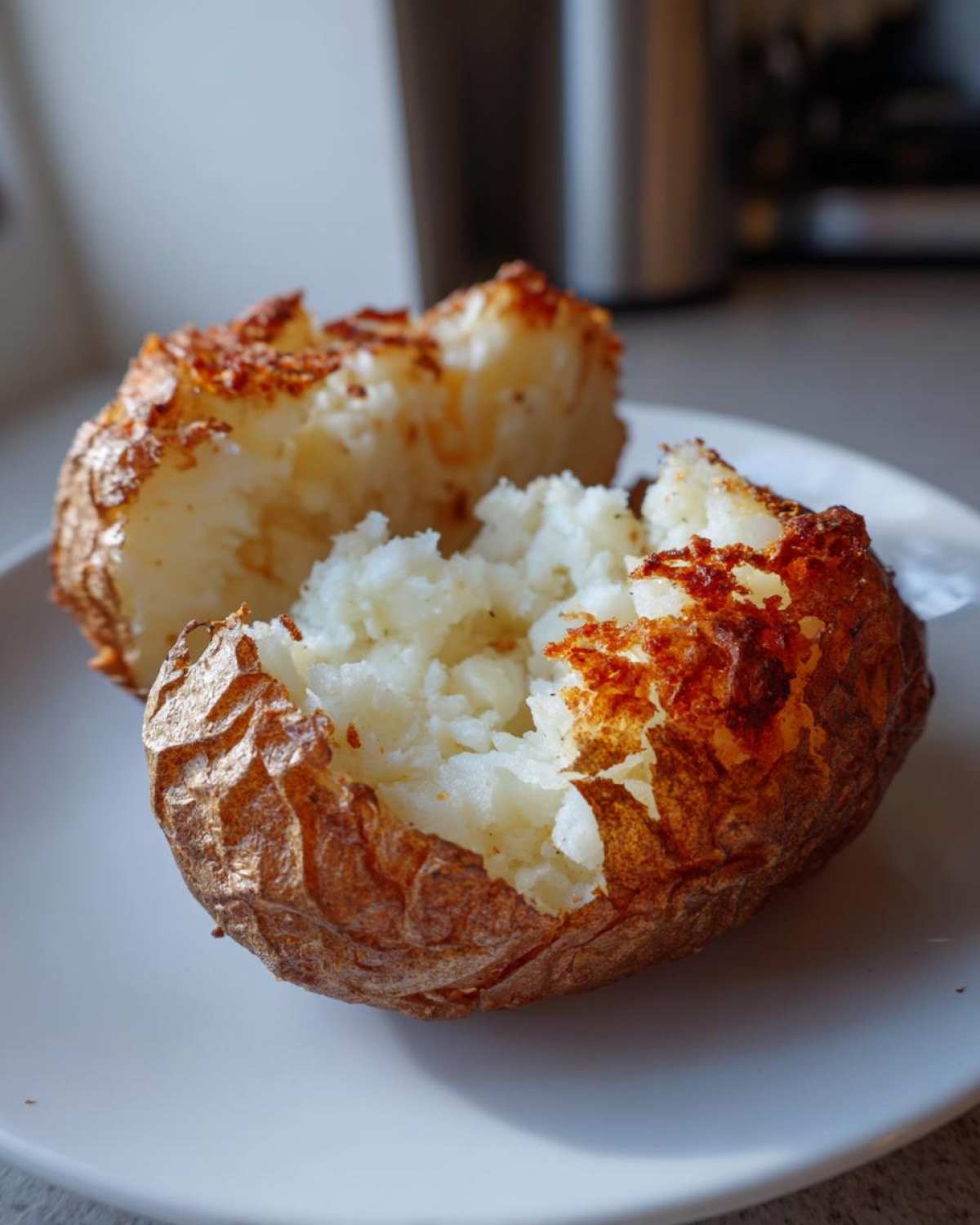 A perfectly cooked air fryer baked potato split open showing fluffy white interior and crispy skin.