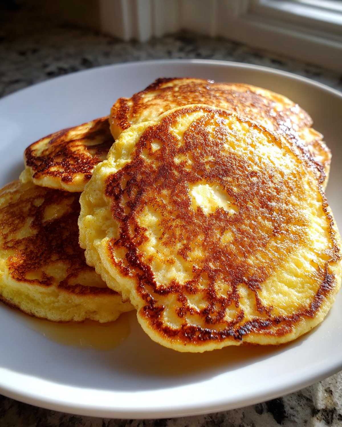 Close-up of fluffy, golden brown almond flour pancakes stacked on a white plate with a drizzle of syrup.