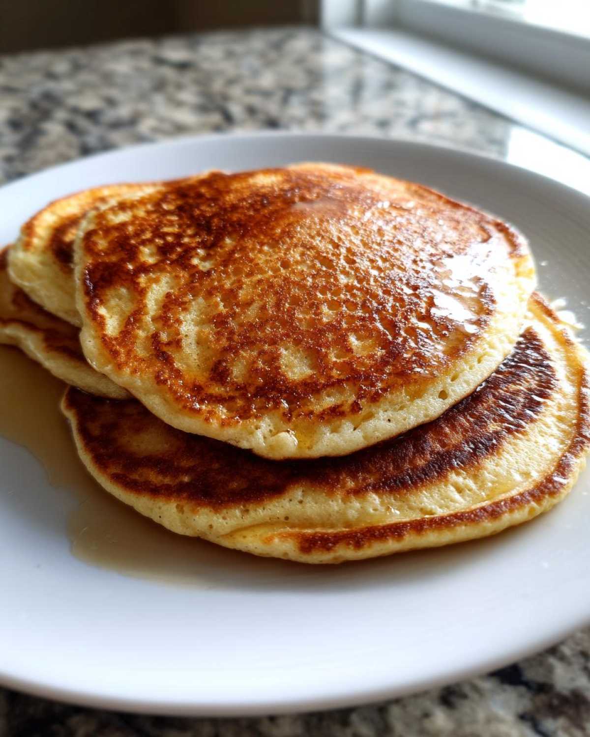 Close-up of a stack of three golden brown almond flour pancakes drizzled with syrup on a white plate.