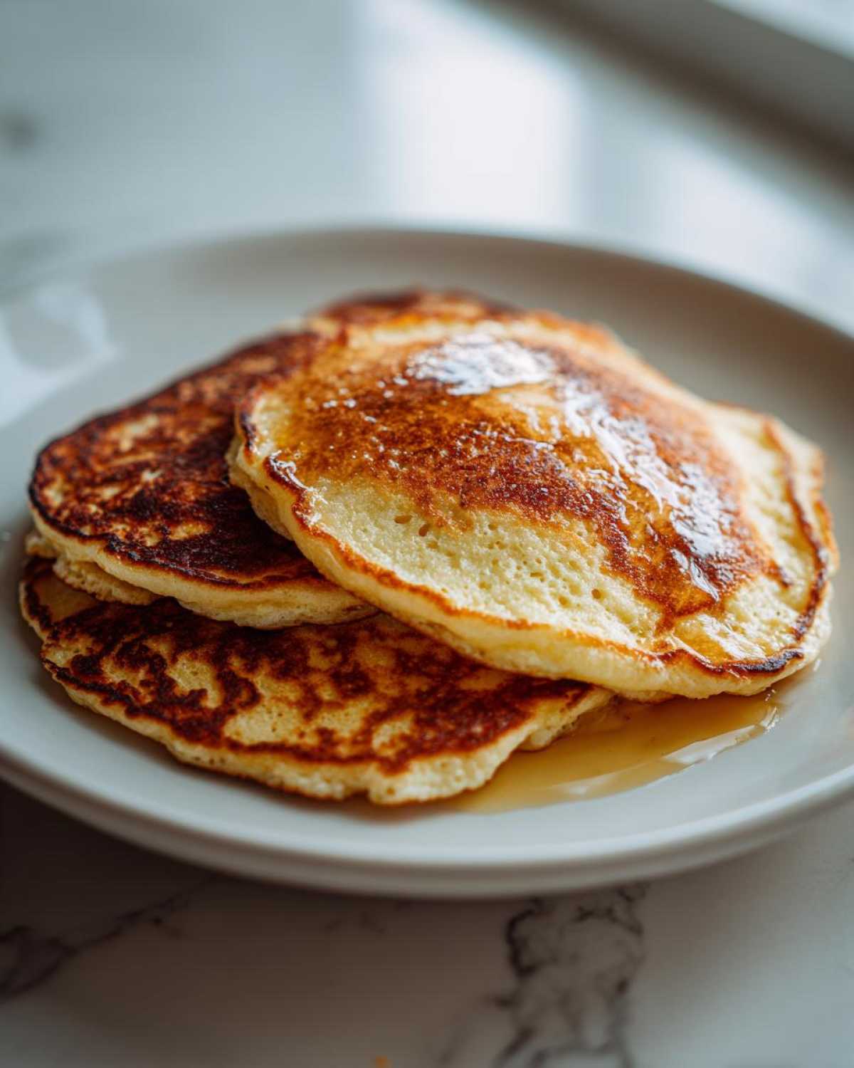 A close-up of three golden brown almond flour pancakes stacked on a white plate, drizzled with syrup.