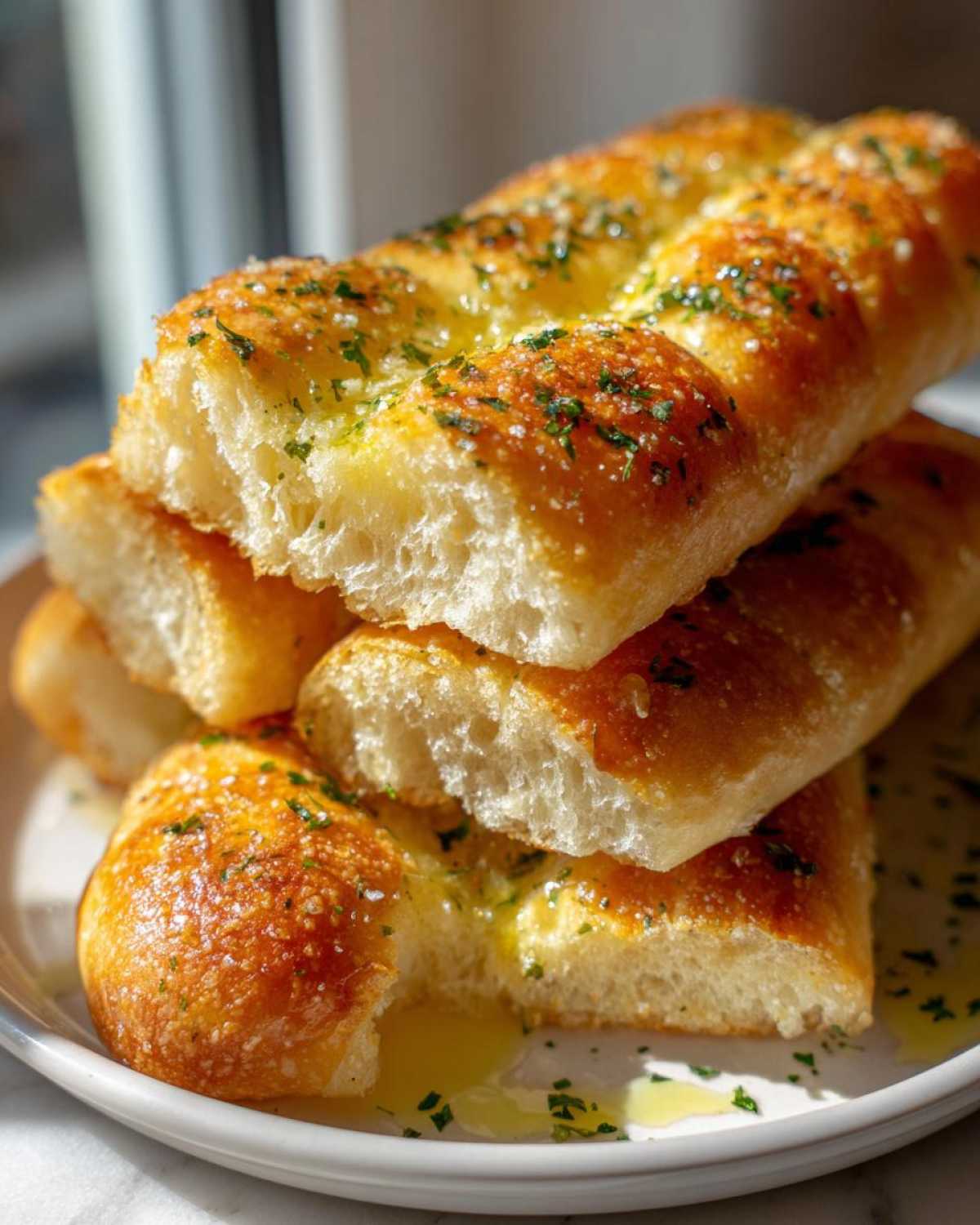 Close-up of fluffy, golden-brown breadsticks stacked on a plate, glistening with garlic butter and herbs.