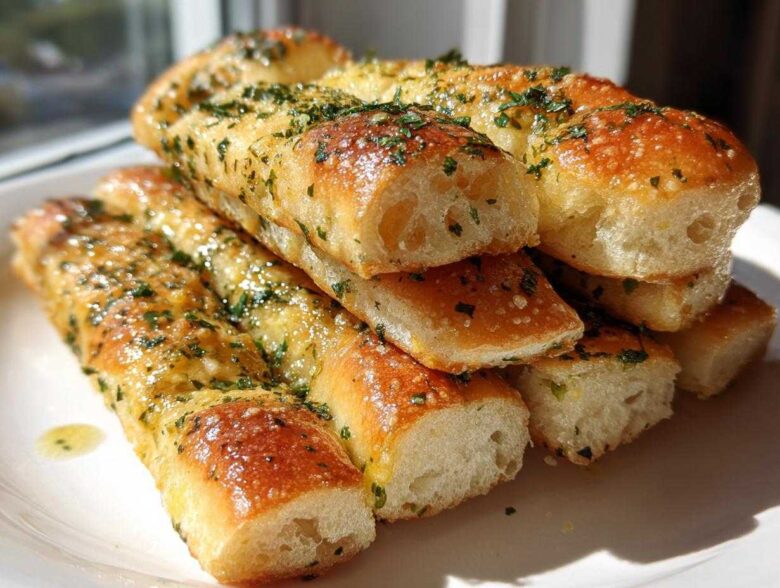 A stack of golden, soft breadsticks brushed with garlic butter and sprinkled with parsley.