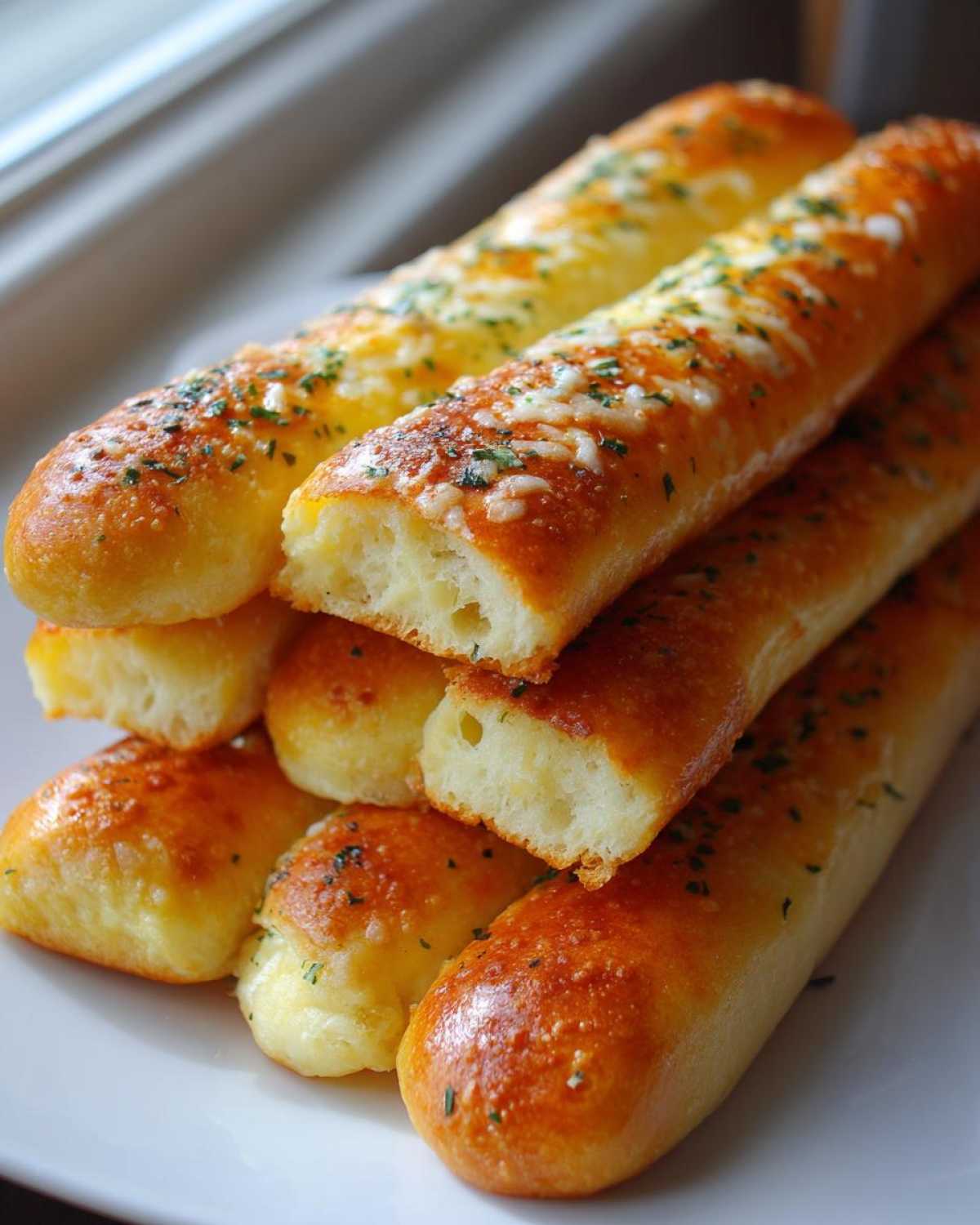A stack of golden-brown, fluffy breadsticks topped with melted cheese and green herbs, showing a soft interior.