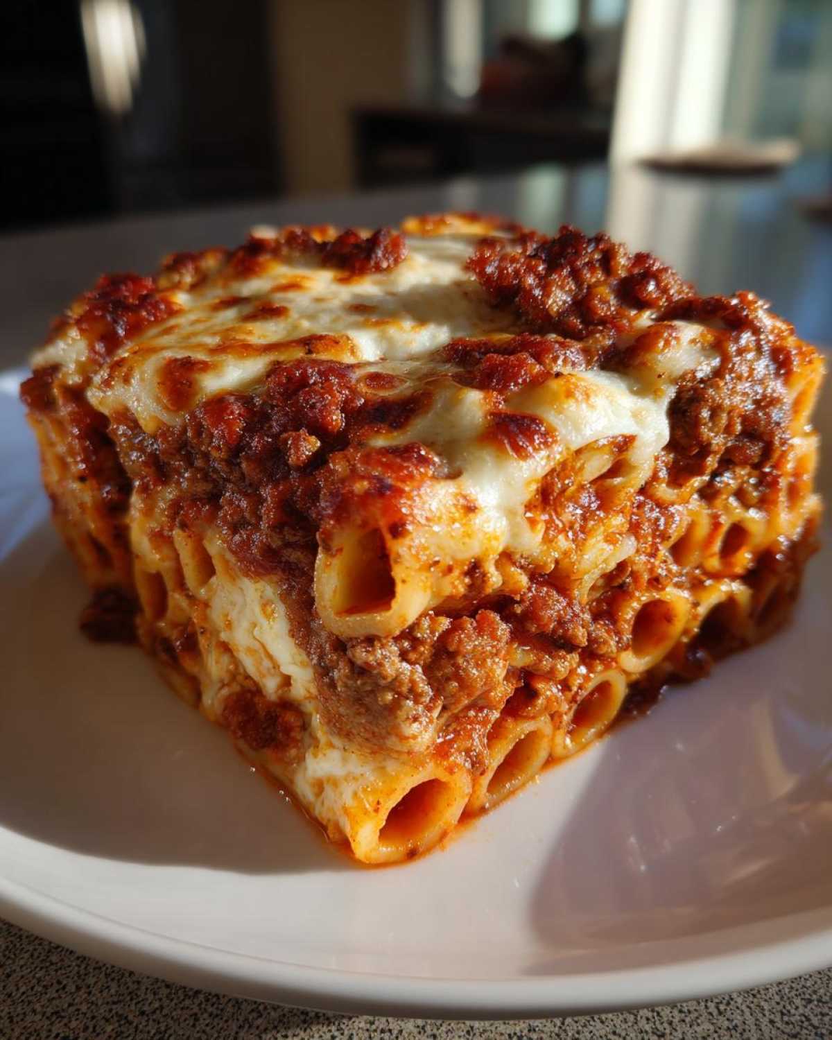 Close-up of a square serving of baked ziti style pasta bake with rich meat sauce and melted cheese topping.