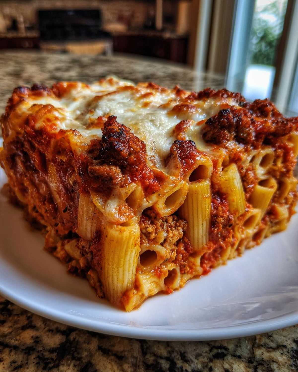 A hearty square serving of baked ziti style pasta bake with meat sauce and melted cheese topping.