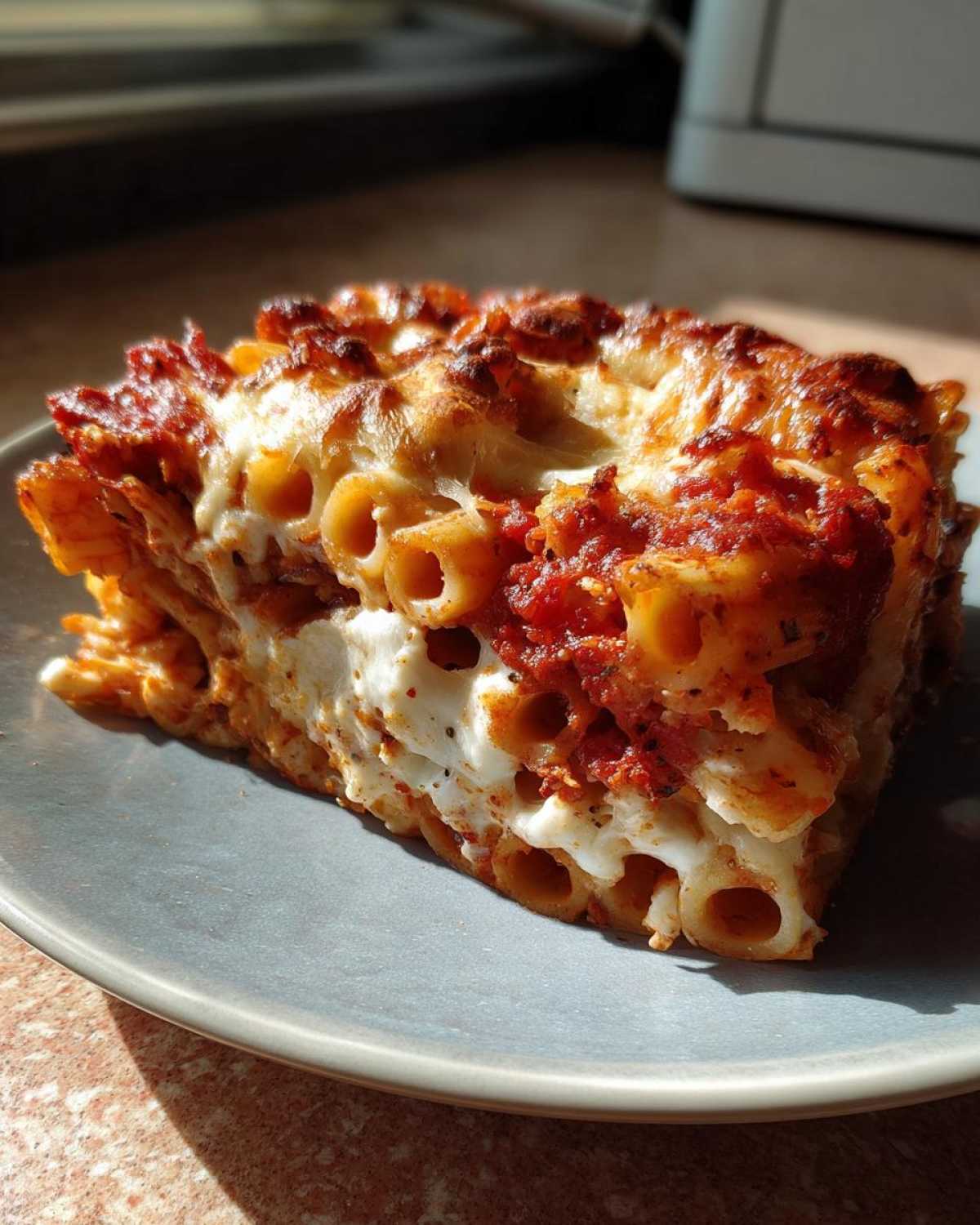 A thick slice of cheesy, baked pasta bake with rich tomato sauce, served on a blue plate.