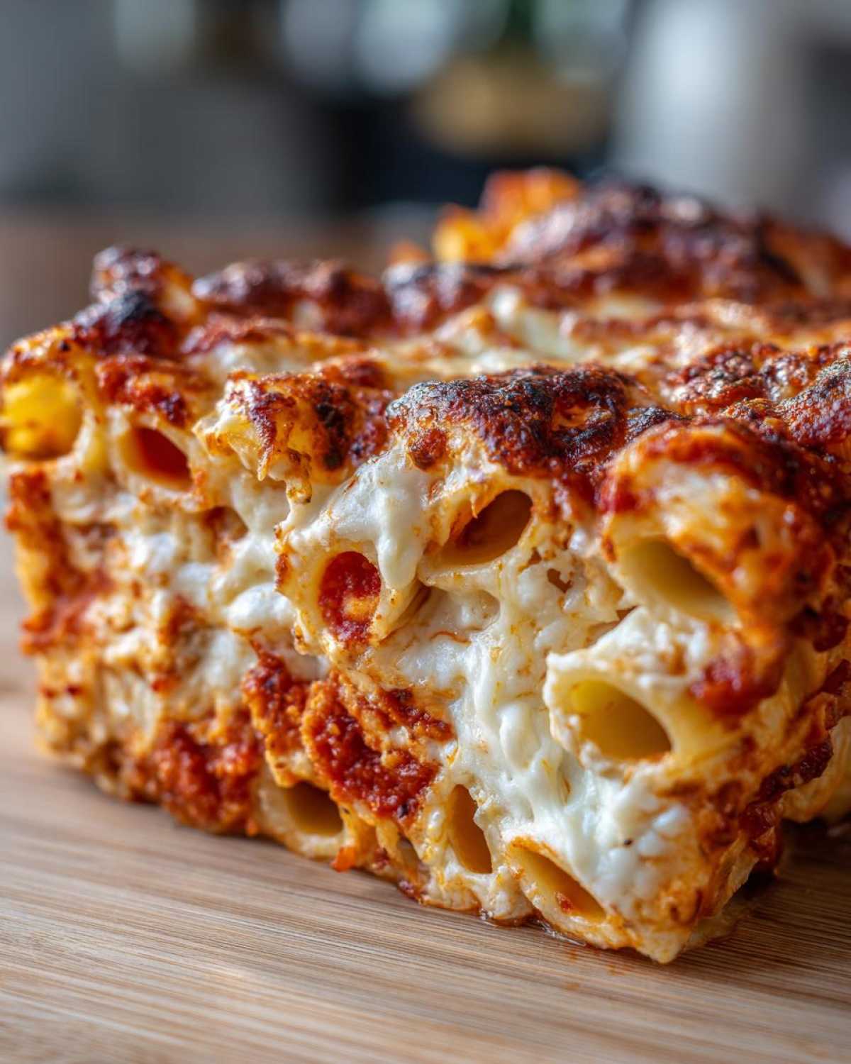 A close-up, mouthwatering slice of baked pasta bake showing melted, browned cheese and tubular pasta coated in rich tomato sauce.