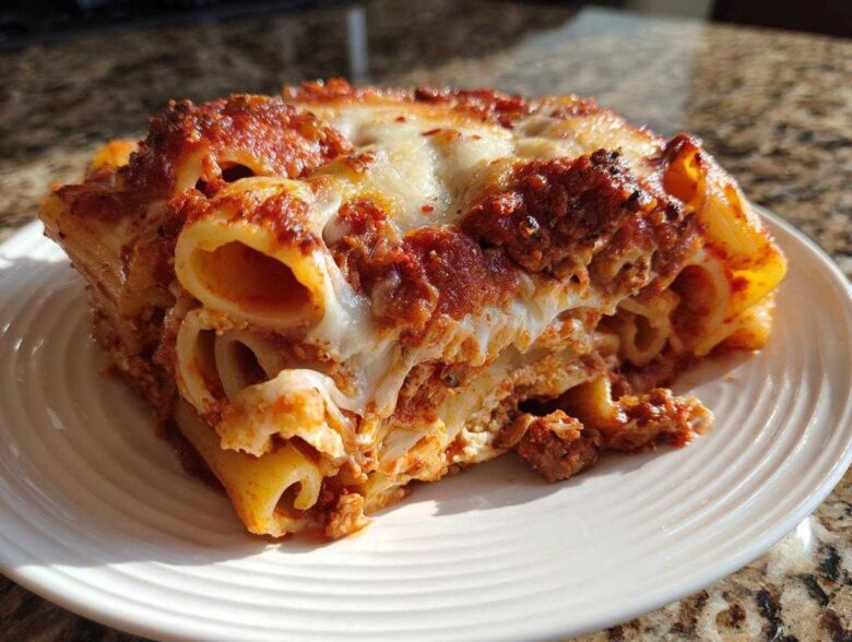 Close-up of a hearty slice of baked ziti style pasta bake, showing layers of rigatoni, meat sauce, and melted cheese.