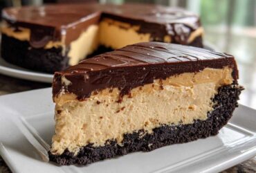 A close-up slice of rich peanut butter pie featuring a dark crust, creamy filling, and thick chocolate topping.