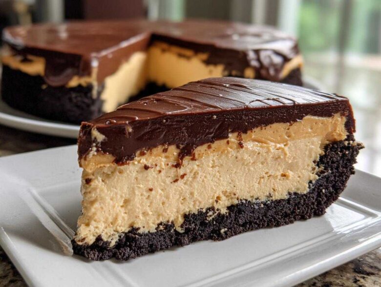 A close-up slice of rich peanut butter pie featuring a dark crust, creamy filling, and thick chocolate topping.