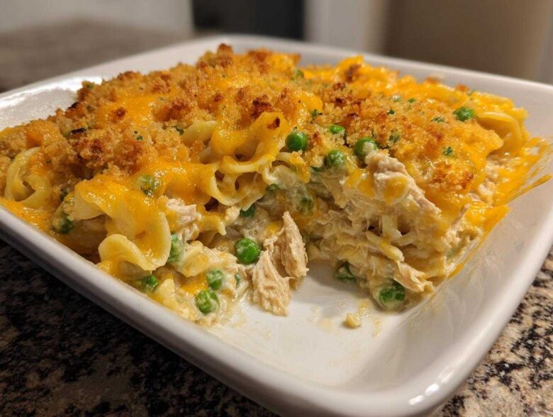 A close-up view of a creamy, cheesy Tuna Casserole topped with golden breadcrumbs and green peas.