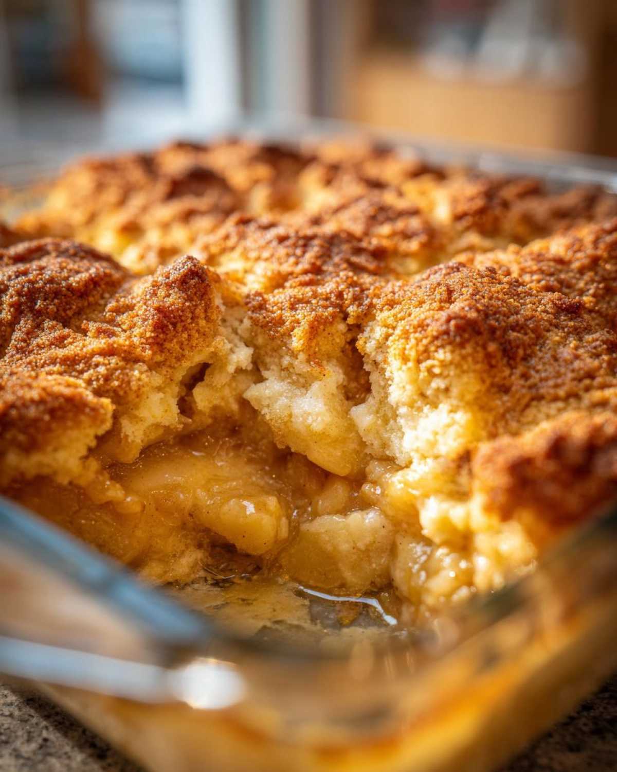 Close-up of a scoop taken from a baked apple cobbler recipe, showing warm, gooey apple filling under a crisp, brown topping.