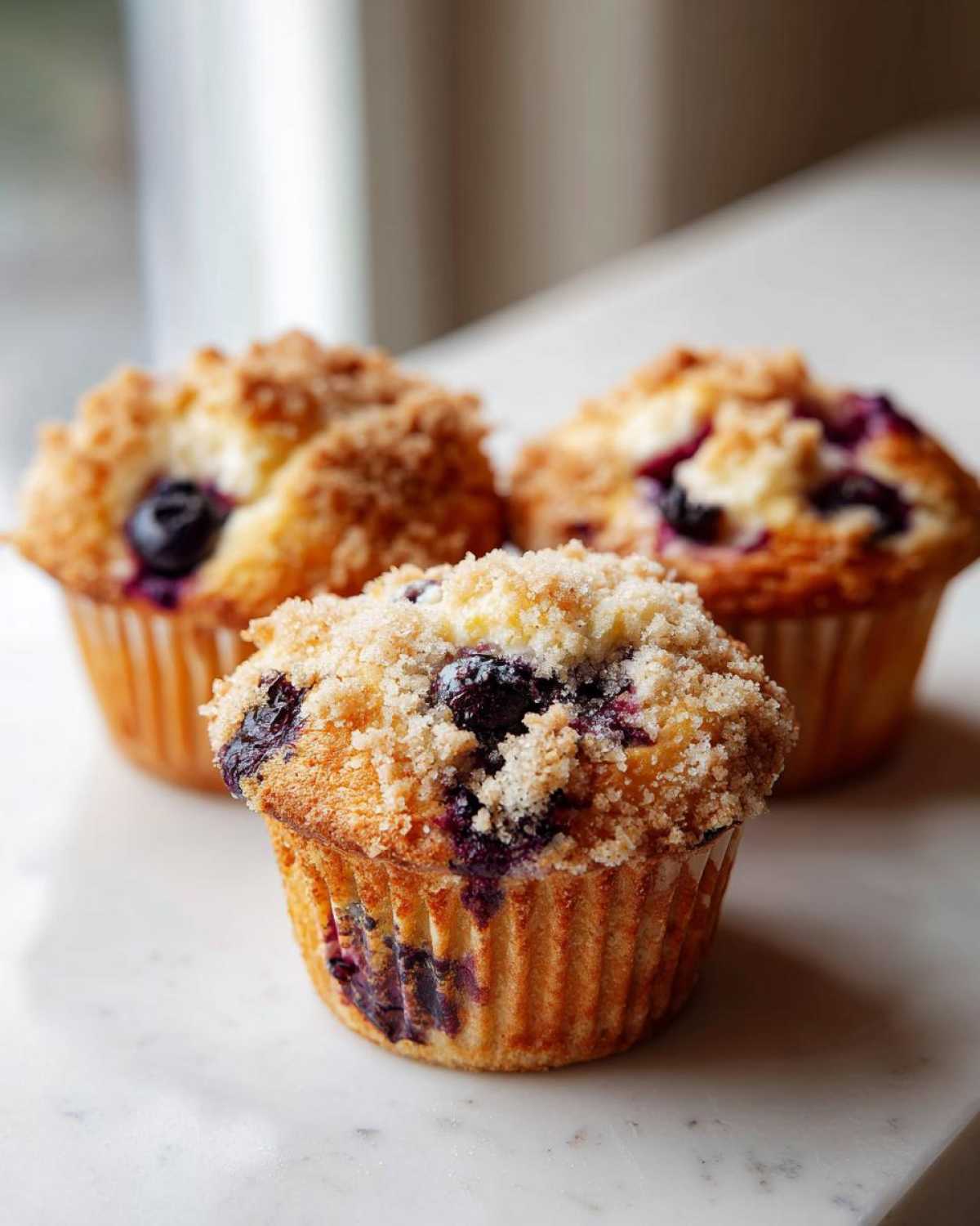 Close-up of a freshly baked blueberry muffin topped with a generous layer of streusel crumb topping.