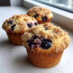 Three golden brown blueberry muffin tops with generous streusel topping sit on a white counter.