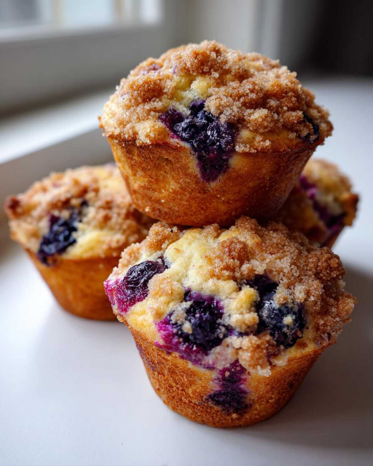Close-up of three golden brown blueberry muffin tops piled together, featuring juicy blueberries and a sugary streusel topping.