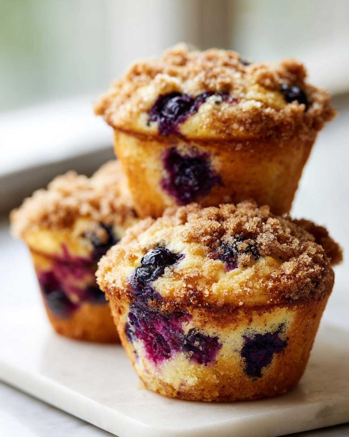 Close-up of three delicious blueberry muffin treats stacked, featuring a generous brown sugar crumb topping.