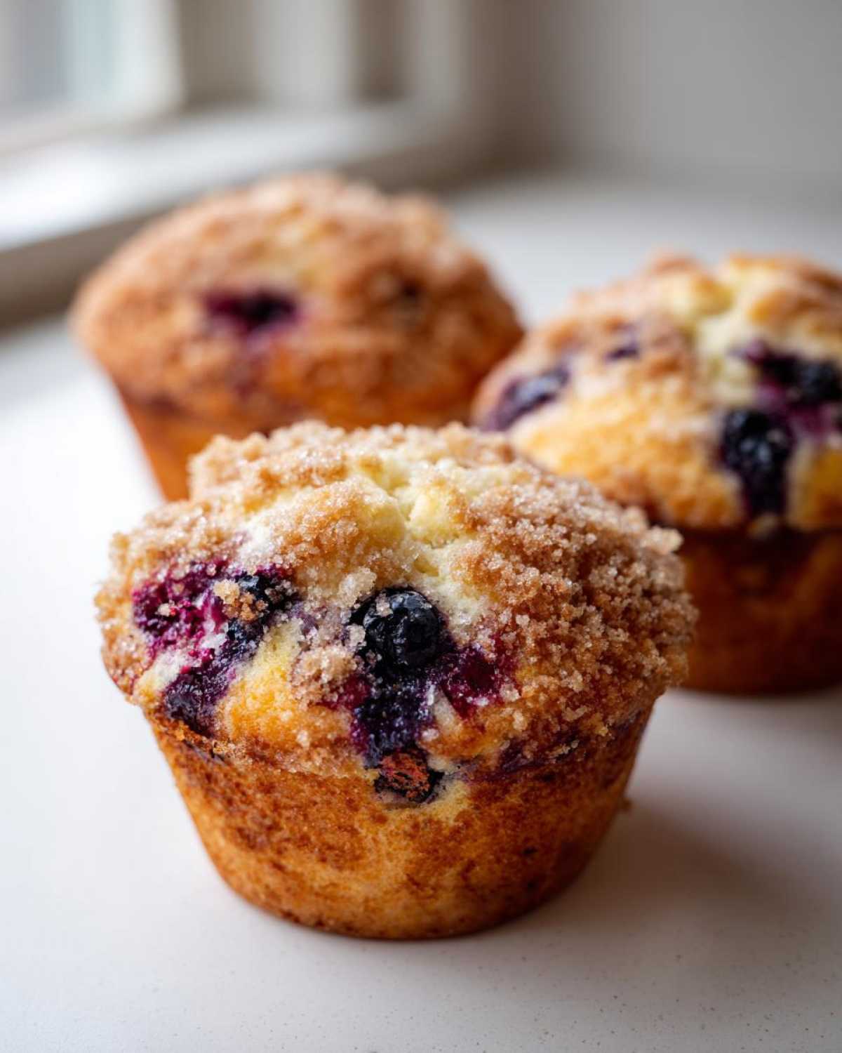 Close-up of a moist blueberry muffin topped with crunchy brown sugar streusel, highlighting the burst blueberries.