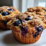 Close-up of three fresh blueberry muffin tops, featuring a thick, sugary streusel topping and bursting blueberries.