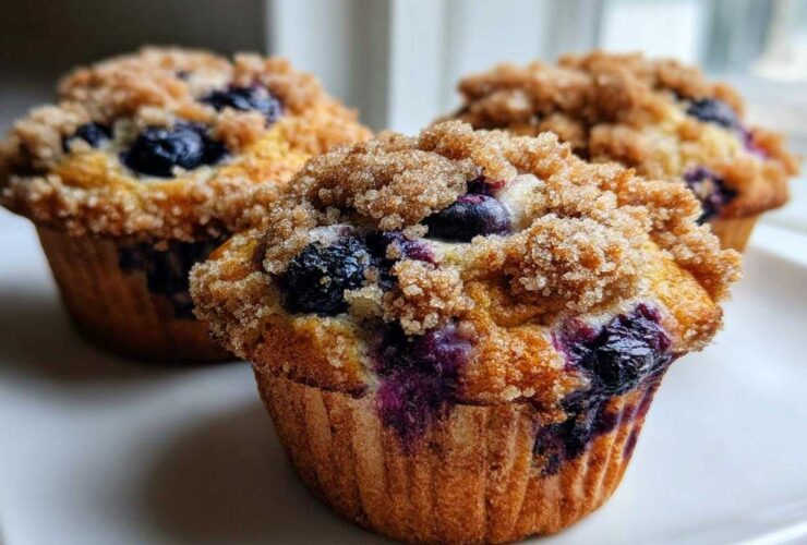 Close-up of three fresh blueberry muffin tops, featuring a thick, sugary streusel topping and bursting blueberries.