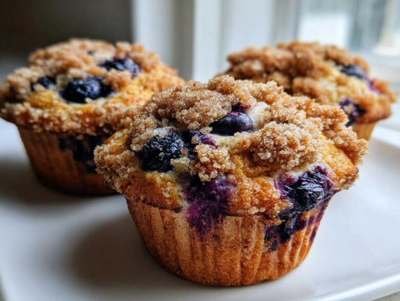 Close-up of three fresh blueberry muffin tops, featuring a thick, sugary streusel topping and bursting blueberries.