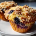Close-up of two golden blueberry muffins topped with crunchy brown sugar streusel, sitting on a white plate.