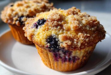 Close-up of two golden blueberry muffins topped with crunchy brown sugar streusel, sitting on a white plate.