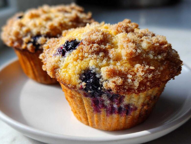 Close-up of two golden blueberry muffins topped with crunchy brown sugar streusel, sitting on a white plate.