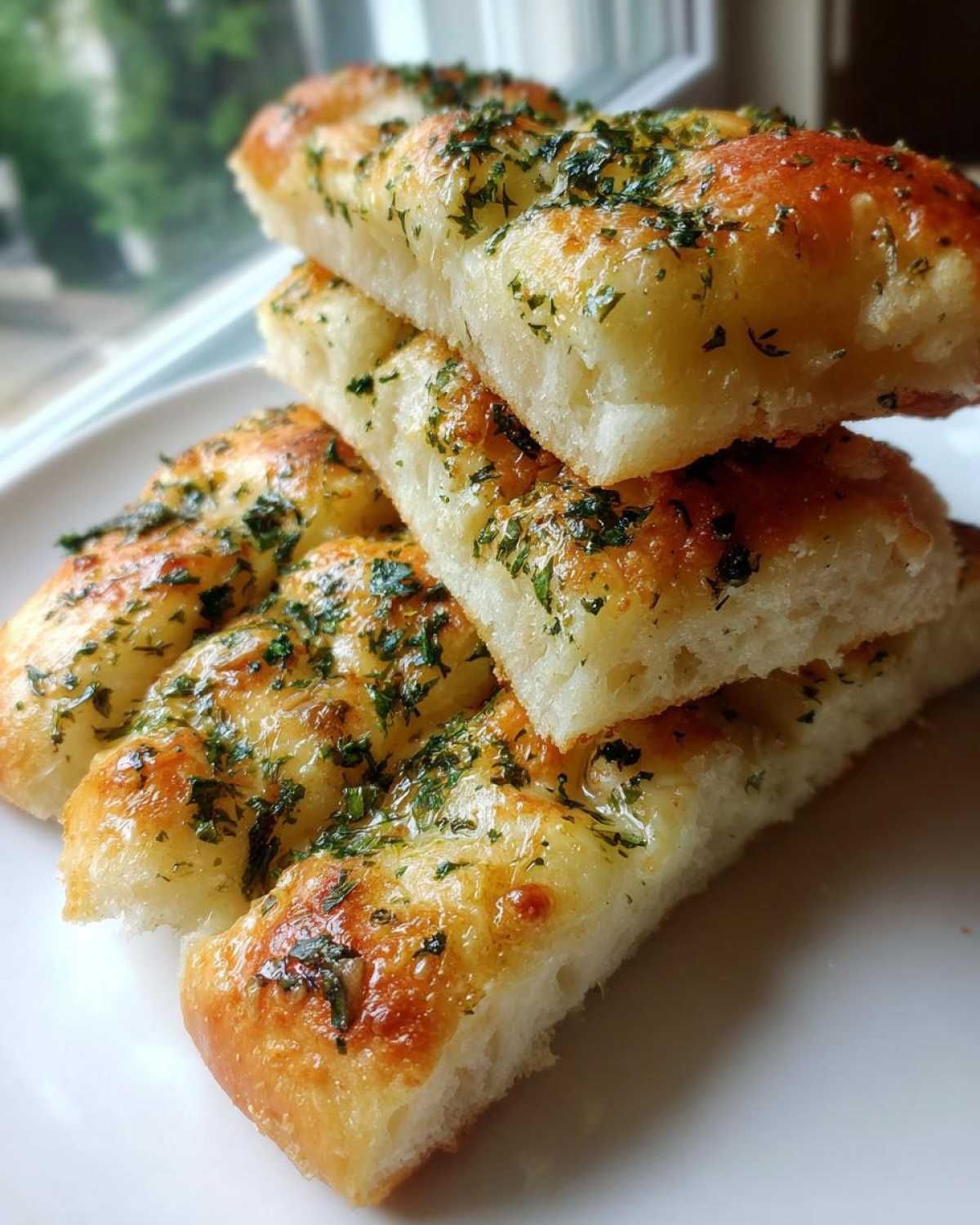 A stack of four fluffy, golden brown breadsticks brushed with garlic butter and topped with fresh parsley.