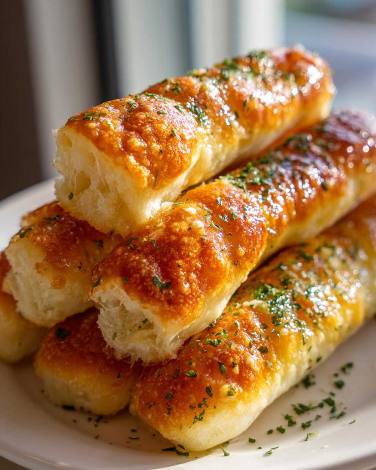 Close-up of a stack of golden brown, fluffy breadsticks brushed with garlic butter and sprinkled with parsley.