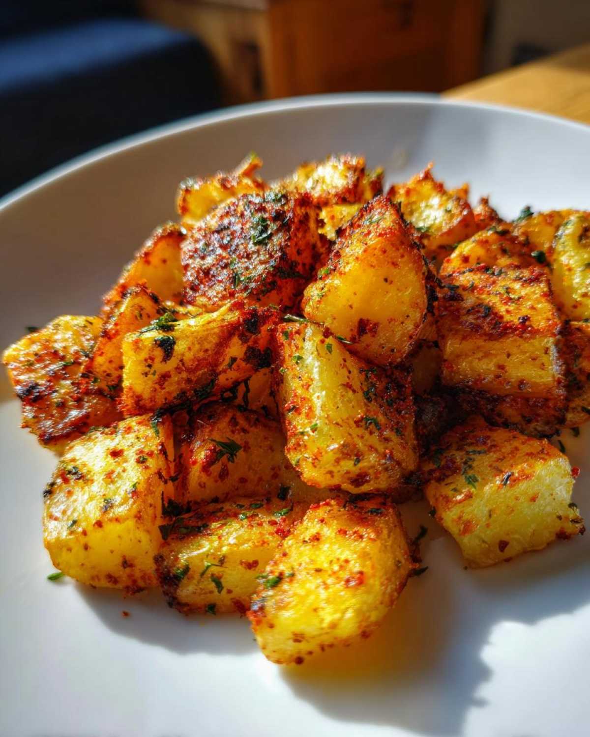 Close-up of golden, crispy breakfast potatoes seasoned with paprika and herbs on a white plate.