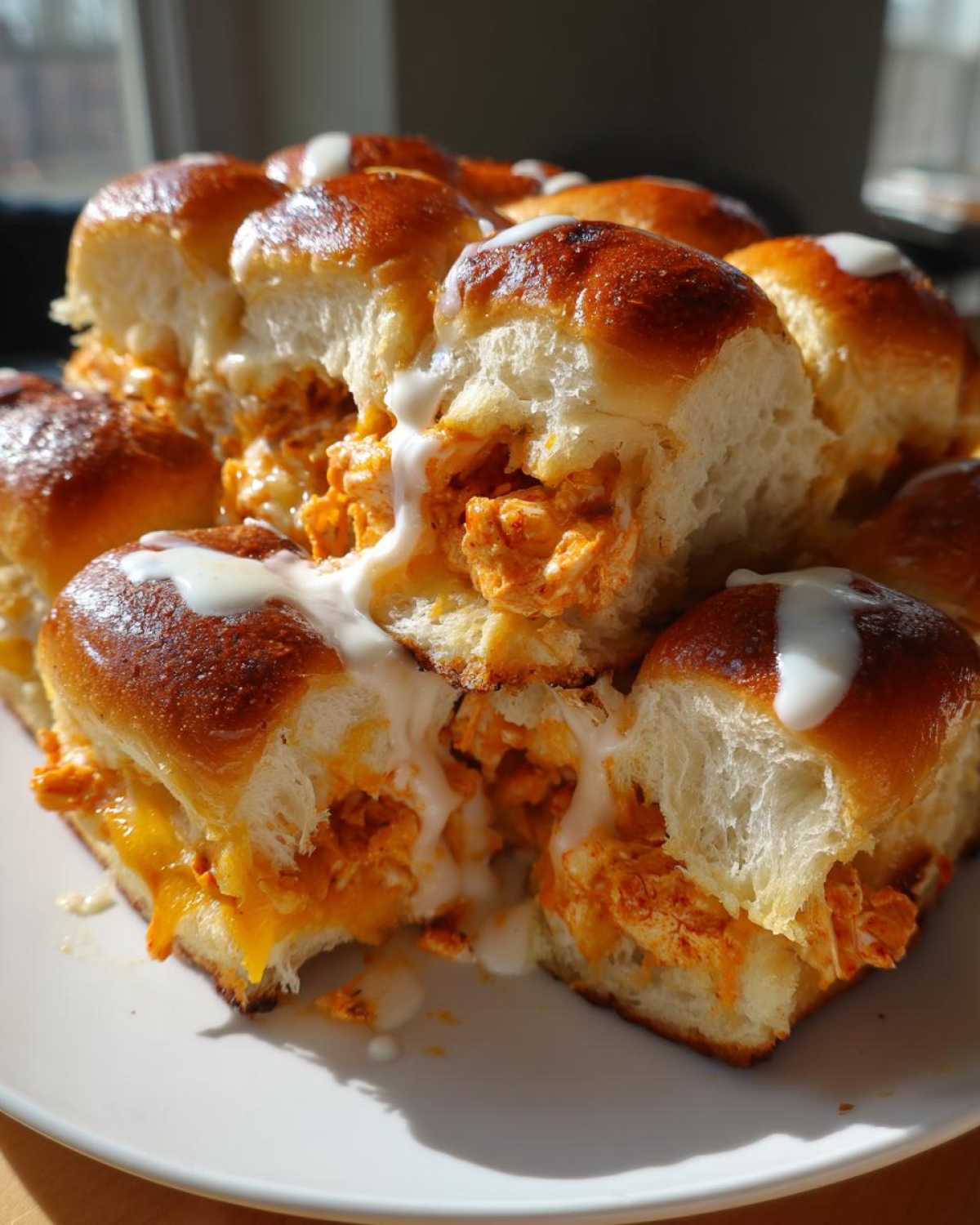 Close-up of pull-apart buffalo chicken sliders stuffed with orange filling and drizzled with white ranch sauce.