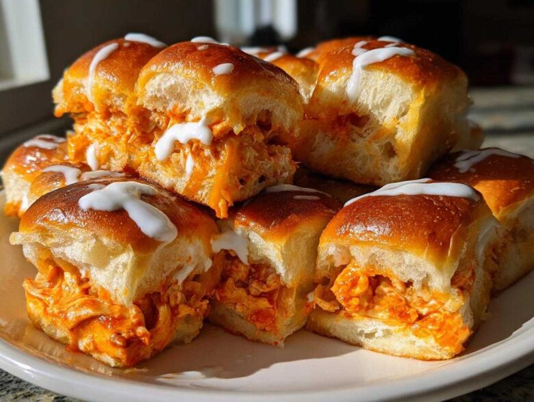 Close-up of several gooey buffalo chicken sliders piled on a white plate, topped with a white sauce drizzle.