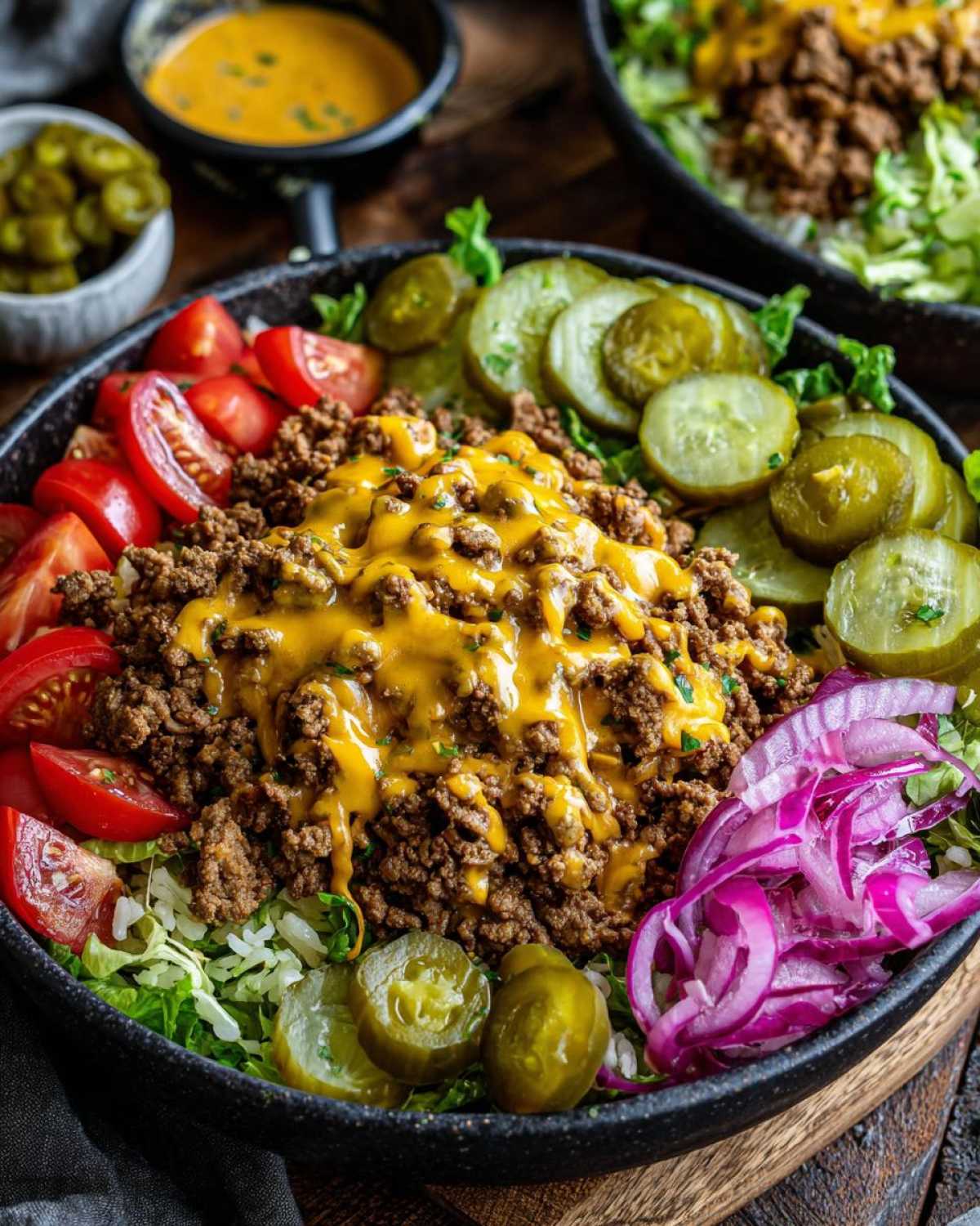 A close-up of a delicious cheeseburger bowl featuring seasoned ground beef, melted cheese, pickles, tomatoes, and red onion over lettuce.