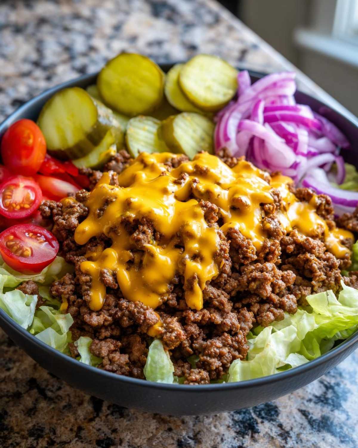 A close-up of an Amazing Cheeseburger Bowl featuring seasoned ground beef topped with melted cheese, served over lettuce with pickles, tomatoes, and onions.