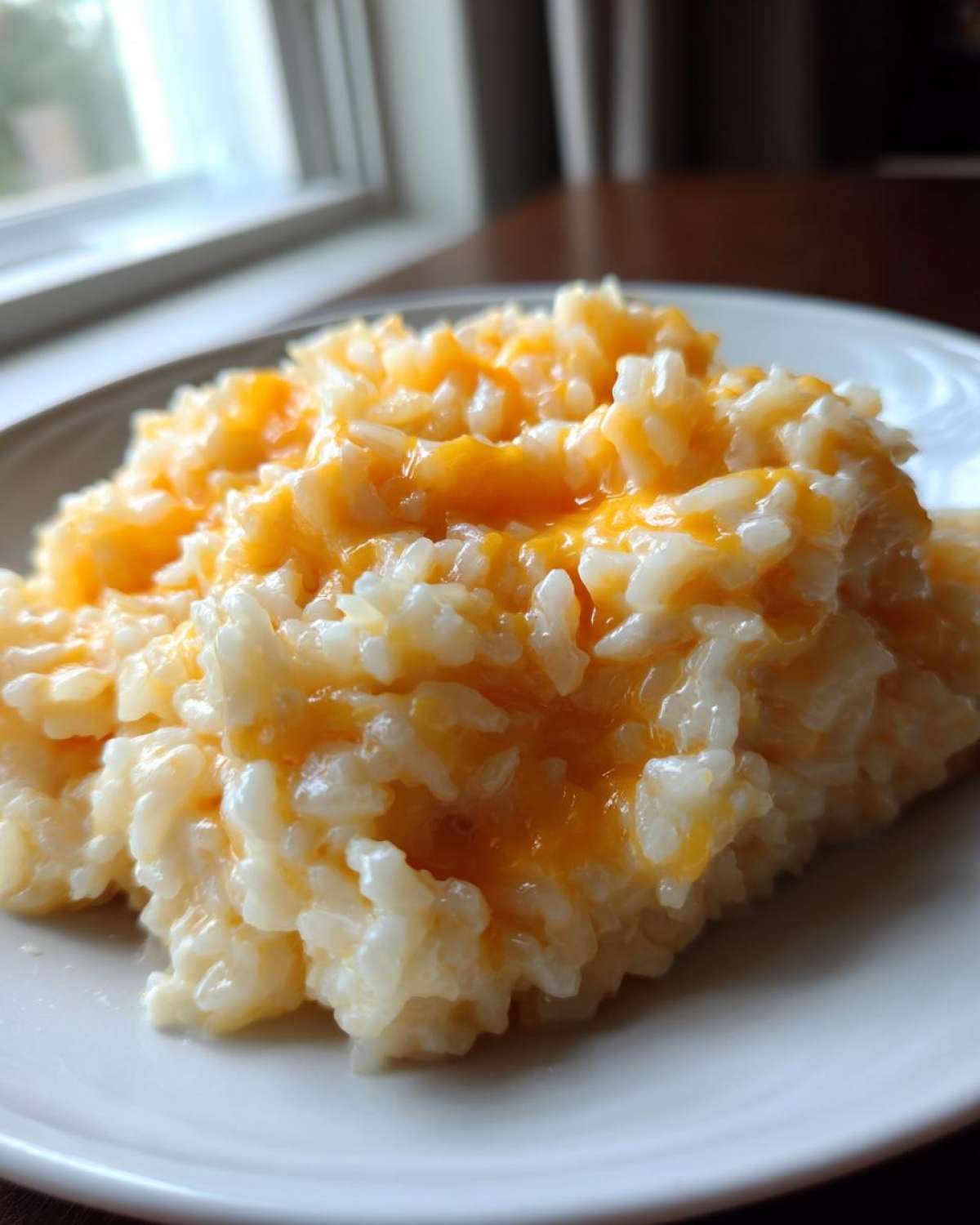 Close-up of a serving of amazing cheesy rice topped with melted orange cheddar cheese on a white plate.