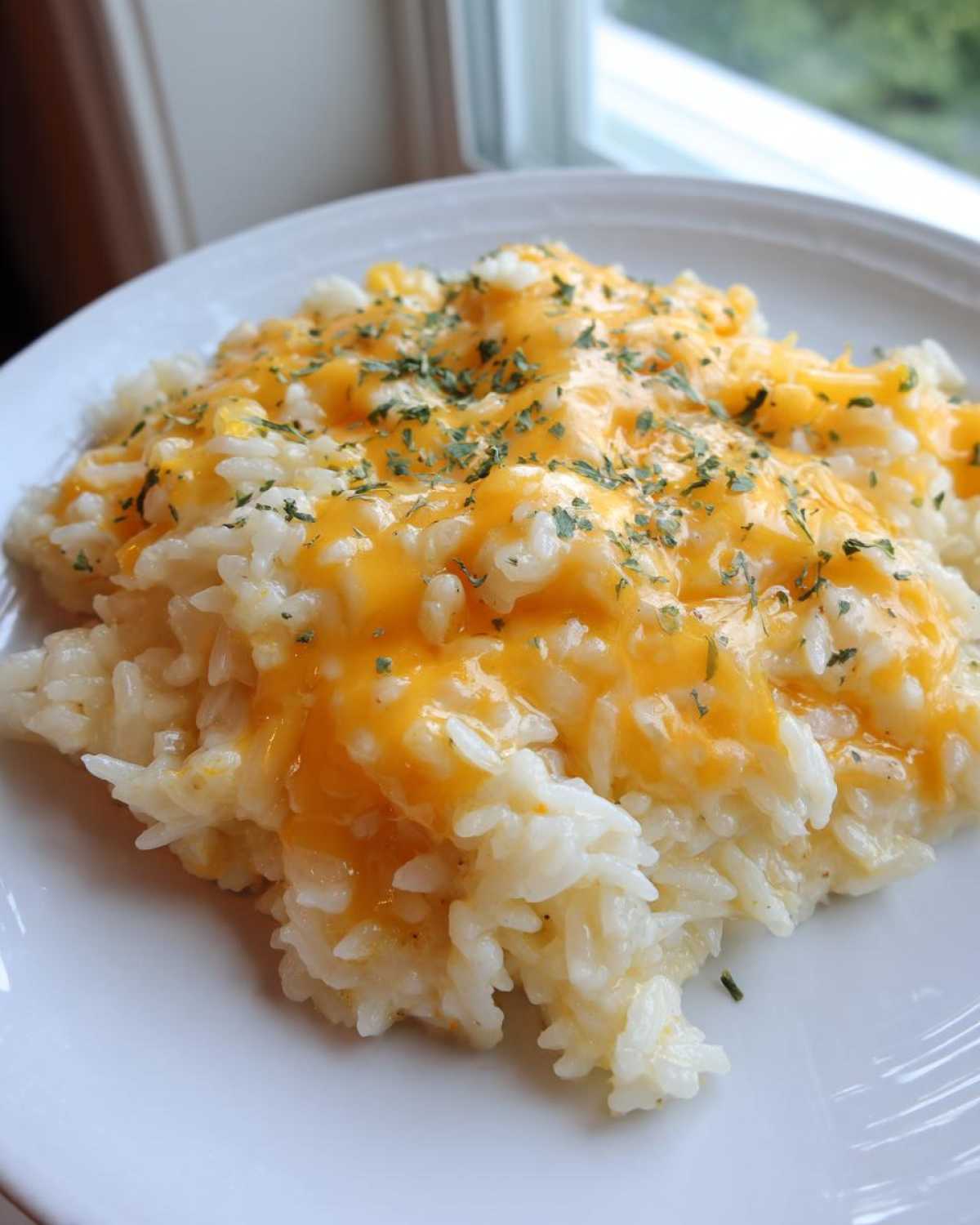 Close-up of a serving of amazing cheesy rice smothered in melted orange cheddar cheese and sprinkled with parsley.