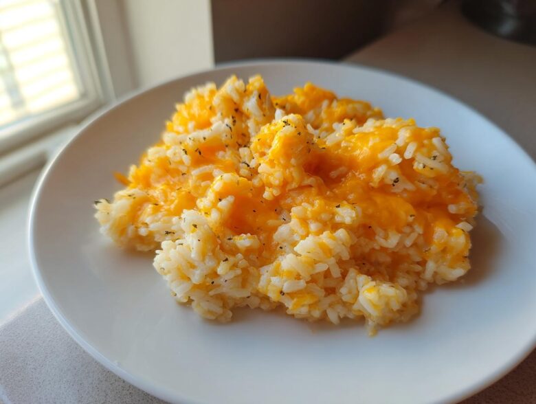 A serving of amazing cheesy rice topped with bright orange melted cheddar cheese on a white plate.