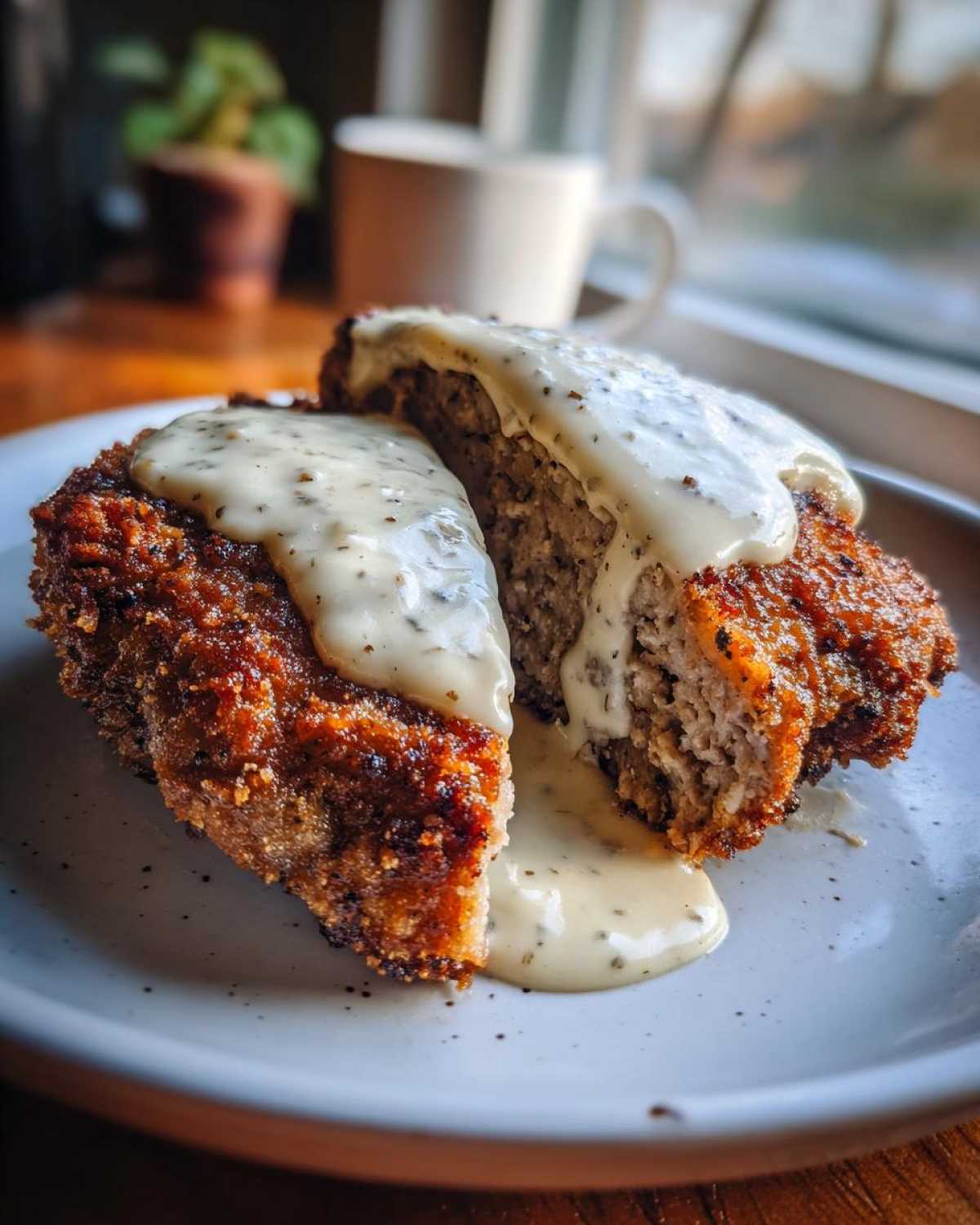 A cross-section of amazing chicken fried steak covered in creamy white peppered gravy on a plate.