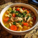 A close-up of a white bowl filled with steaming chicken noodle soup, featuring shredded chicken, carrots, celery, and fresh parsley garnish.